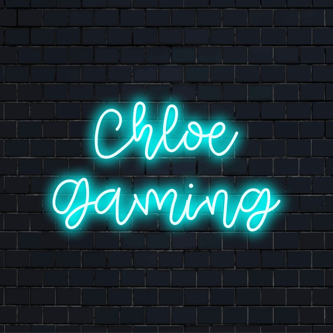 Chloe Gaming Custom Name Neon Sign, soft neon glow against brick backdrop