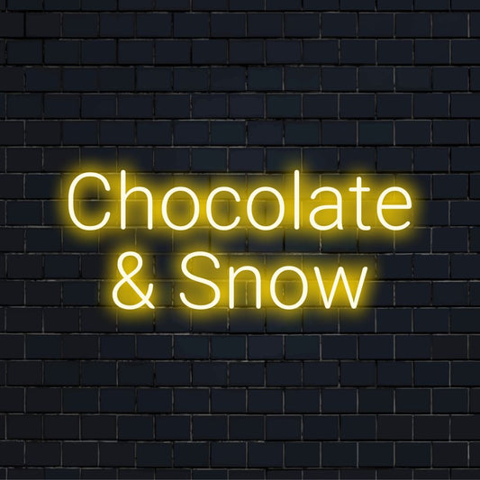Chocolate Snow Neon Light with glowing wall decor on black brick background
