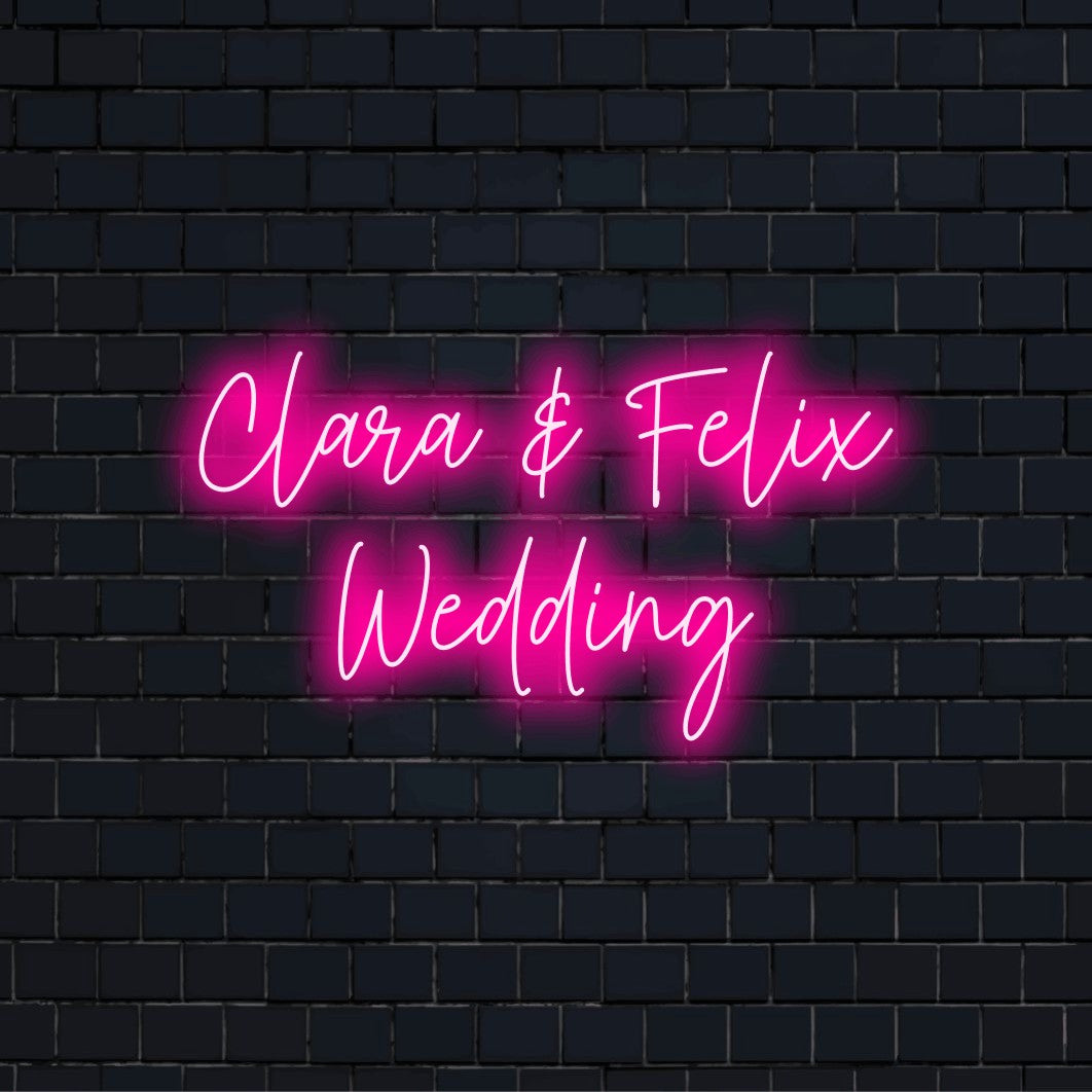 Clara _ Felix Wedding Custom Name Neon Sign, neon text light against black brick wall
