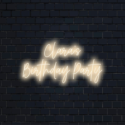 Clara_s Birthday Party Personalized Neon Light with glowing neon text on black brick background