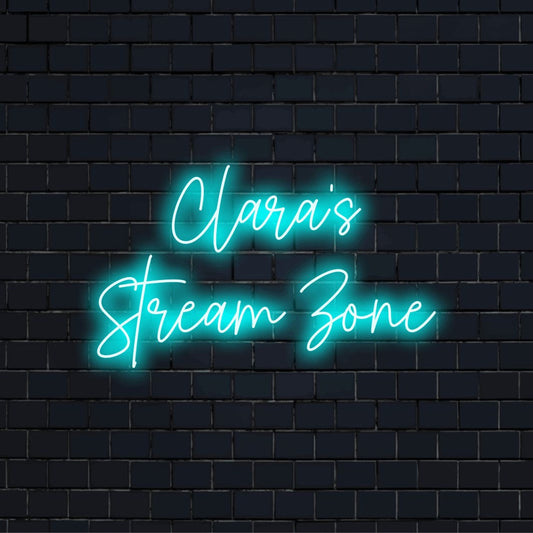 Clara_s Stream Zone Personalized Neon Light with bright LED glow on dark brick background