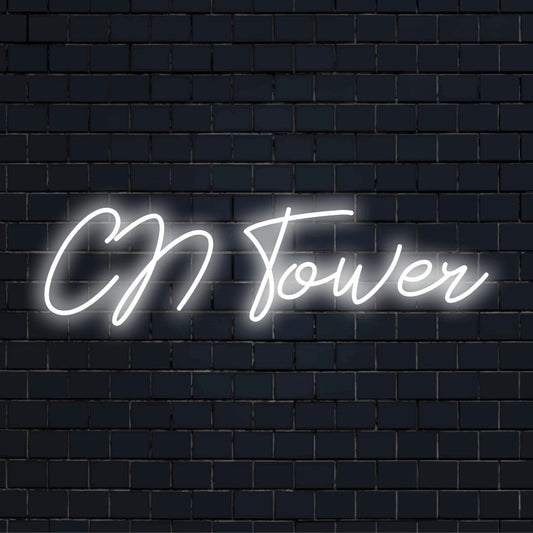 Cn Tower LED Neon Sign, bright neon lettering on dark brick background