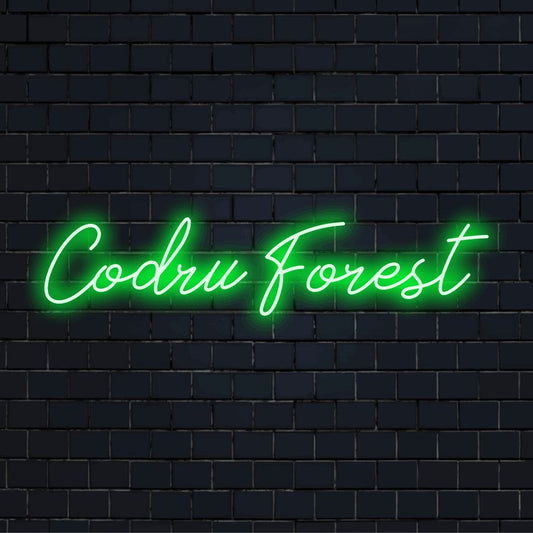 Codru Forest Neon Light with bright LED glow against brick backdrop