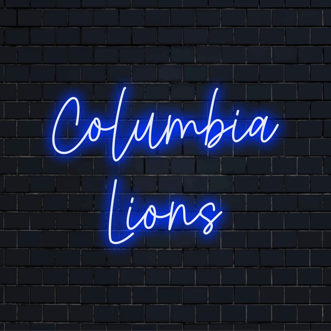 Columbia Lions Neon Sign, glowing wall decor on dark brick wall