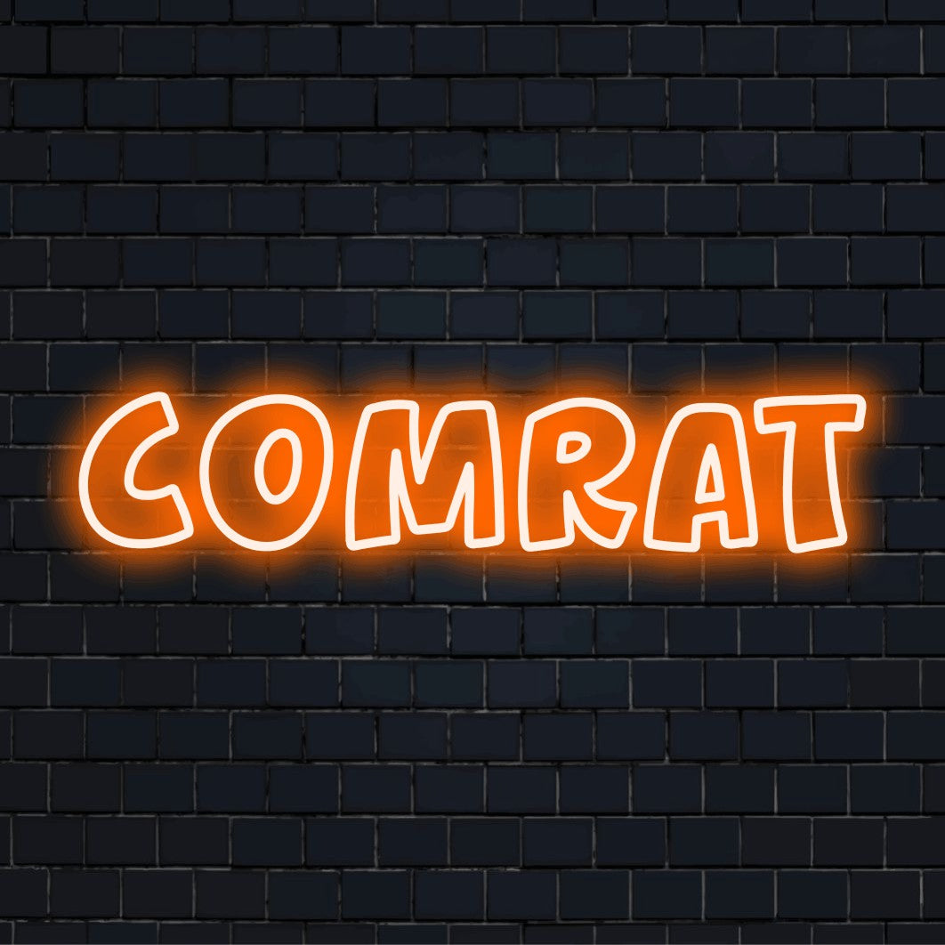 Comrat LED Neon Sign, soft neon glow against brick backdrop