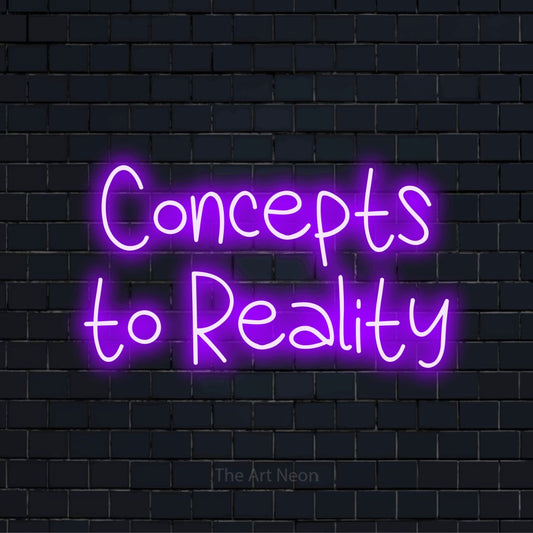 "Concepts To Reality" text design with neon effect on a black brick wall