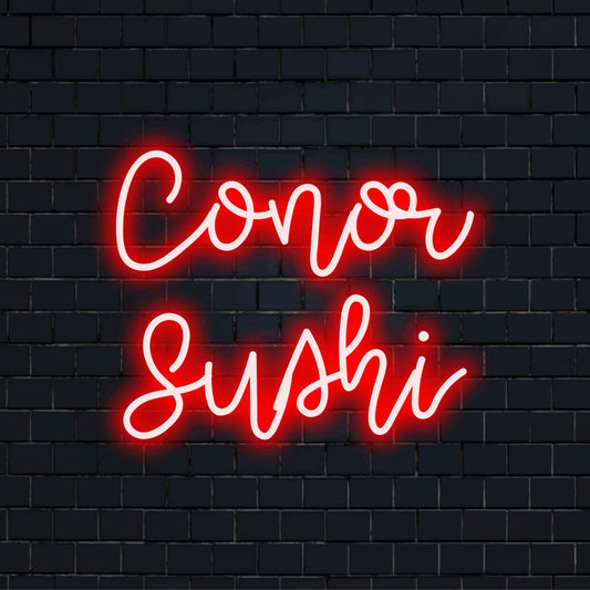 Conor Sushi Custom Name Neon Sign, glowing neon text on dark brick background