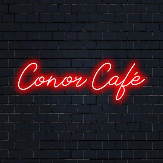 Conor Cafe Personalized Neon Light with glowing neon text on dark brick background