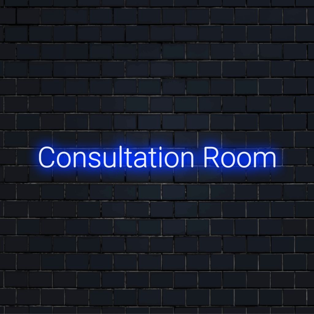 Consultation Room Neon Sign, neon text light against brick backdrop