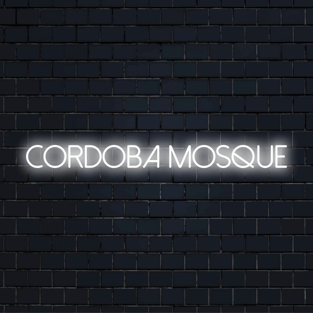 Cordoba Mosque LED Neon Sign, glowing neon text on black brick background