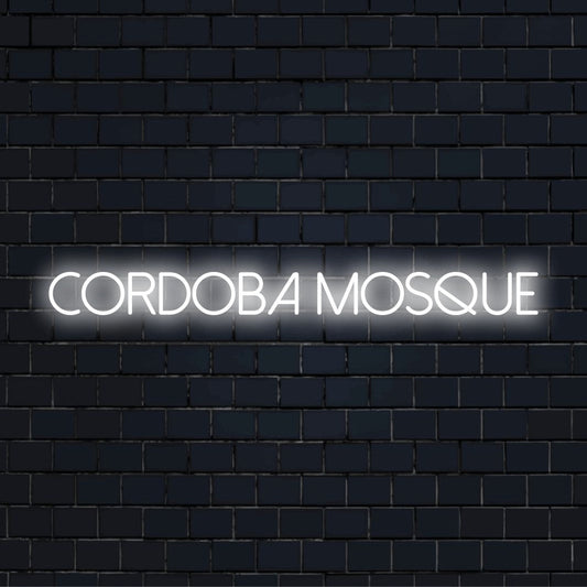 Cordoba Mosque LED Neon Sign, glowing neon text on black brick background