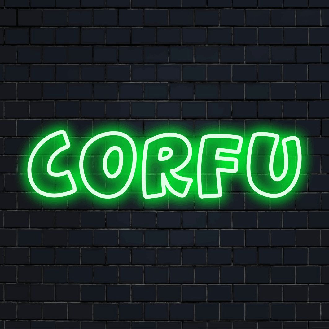 Corfu Neon Light with soft neon glow on dark brick background