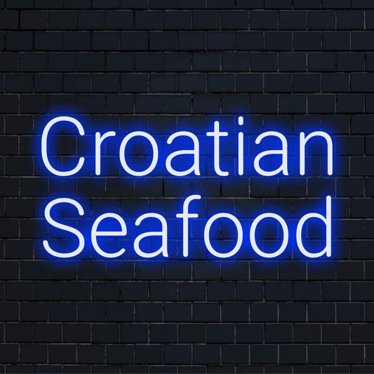 Croatian Seafood LED Neon Sign, glowing lettering on dark brick wall