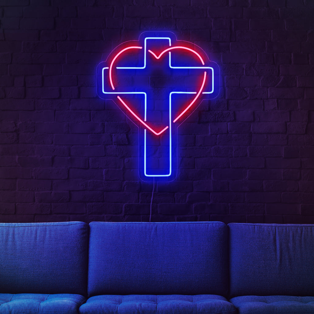 "Cross And Heart Neon Sign" – A spiritual neon light showcasing a symbolic cross and heart, infusing your space with warmth.