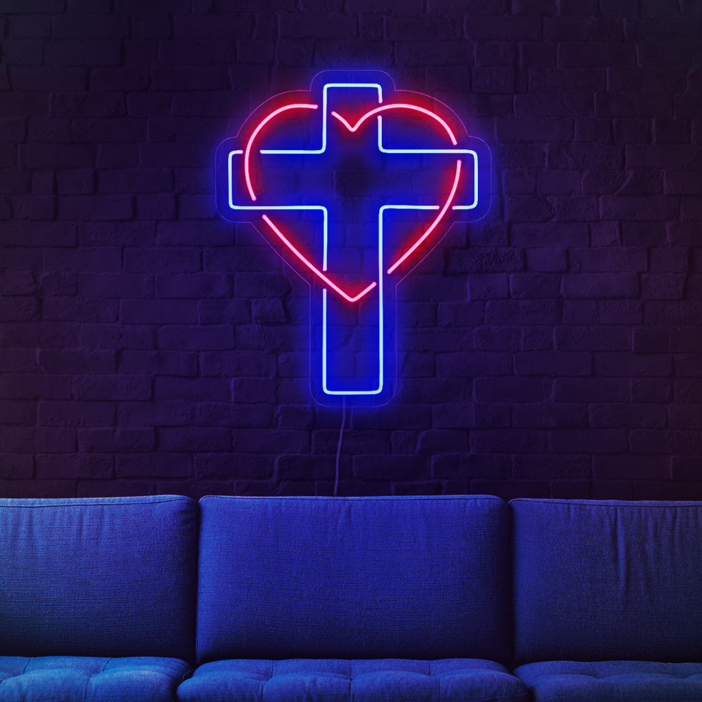 "Insegna al neon con croce e cuore" ��� Una luce al neon spirituale che raffigura una croce e un cuore simbolici, infondendo calore al tuo spazio.