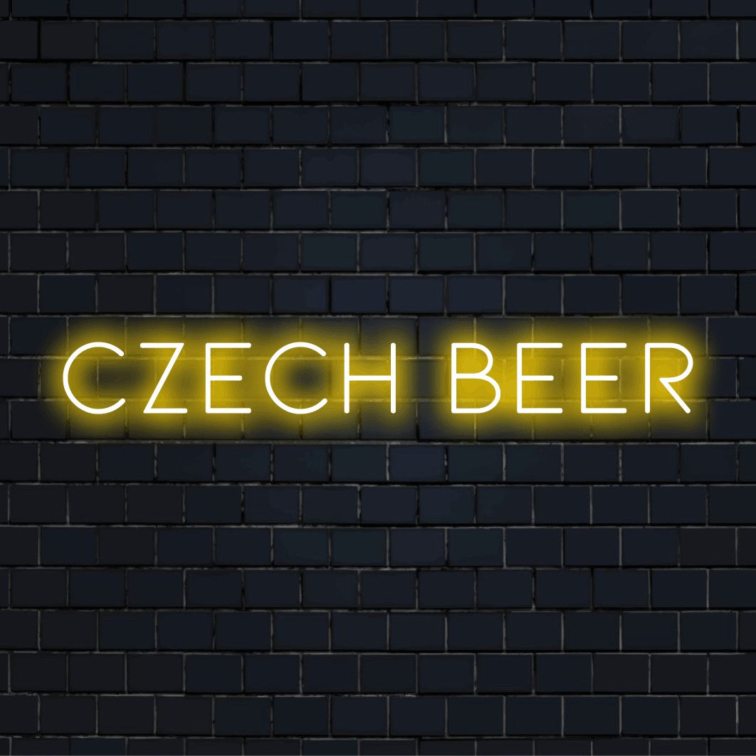 Czech Beer LED Neon Sign, bright LED glow on dark brick wall