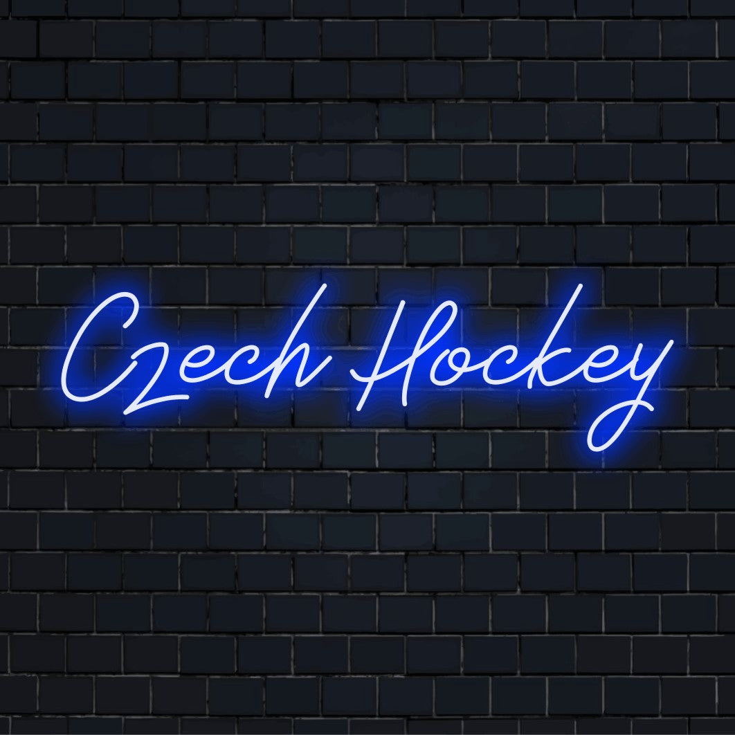 Czech Hockey Neon Light with bright neon glow on black brick background