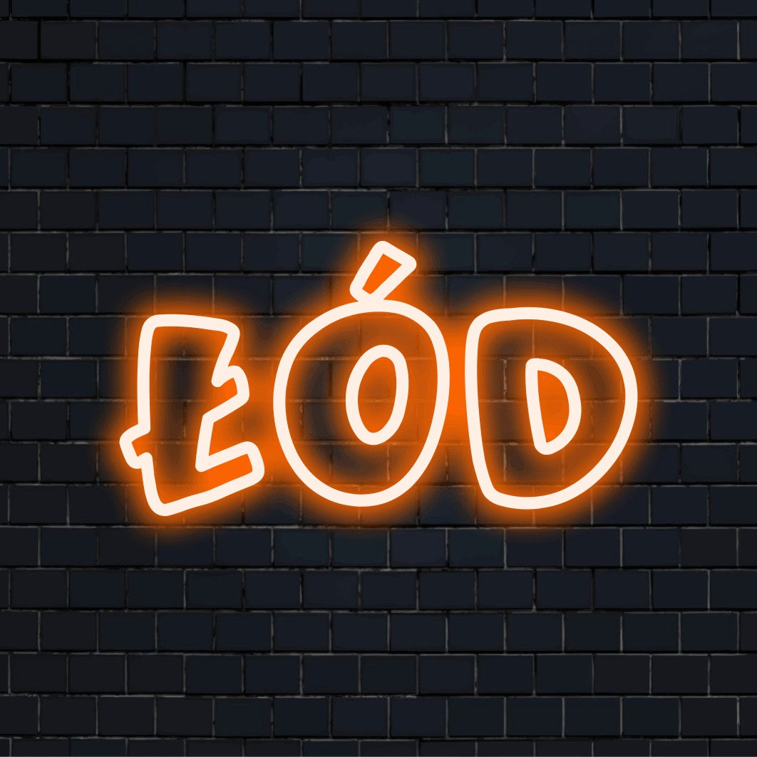 D Neon Sign, glowing wall decor on dark brick wall