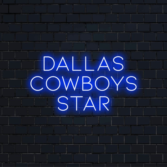 Dallas Cowboys Star Neon Sign, glowing lettering against black brick wall
