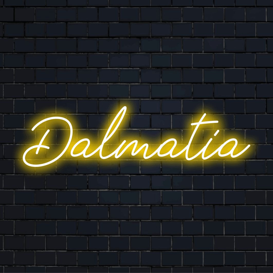 Dalmatia LED Neon Sign, bright neon glow on dark brick background