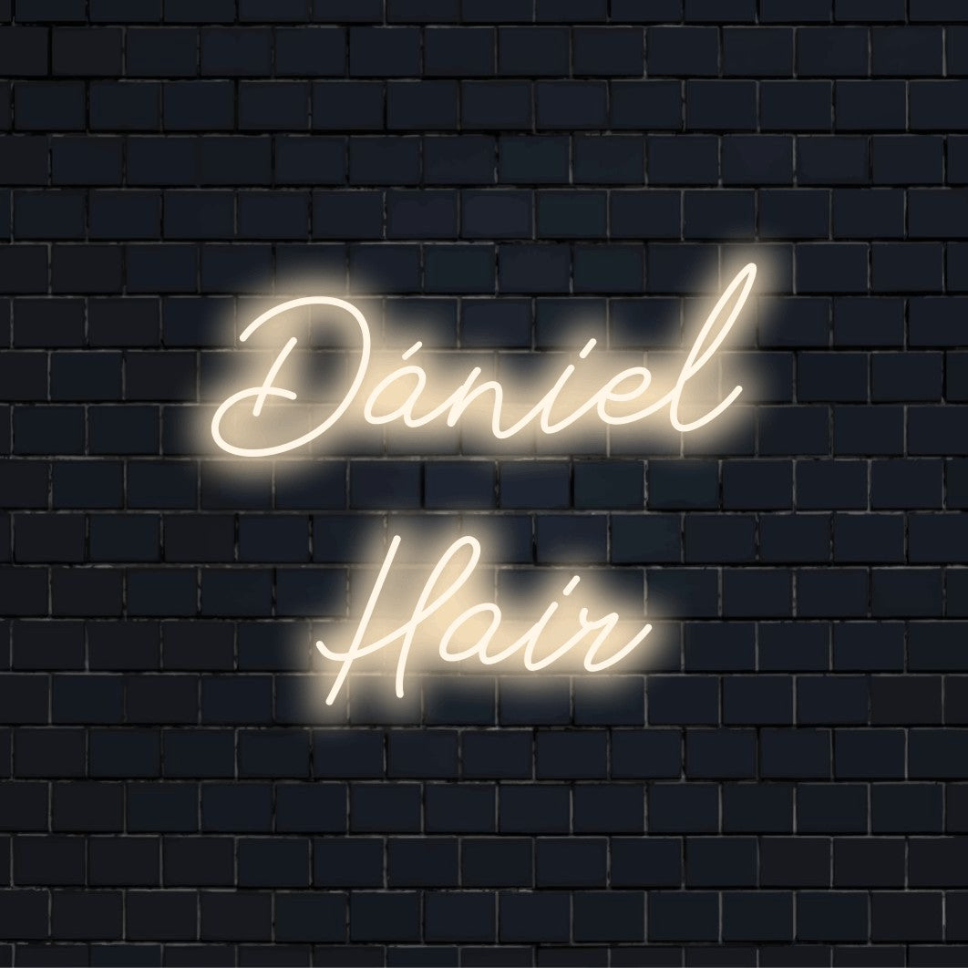 Daniel Hair Custom Name Neon Sign, glowing neon text on black brick background