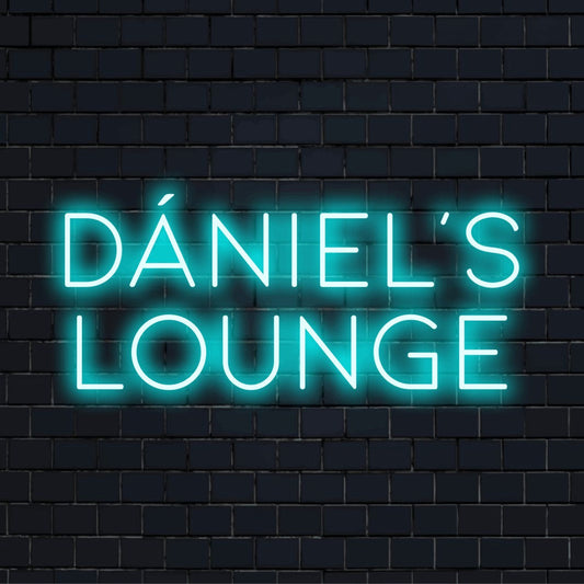 Daniel_s Lounge Personalized Neon Light with bright neon glow on dark brick wall