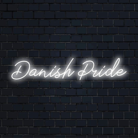 Danish Pride Neon Sign, bright neon glow on dark brick wall