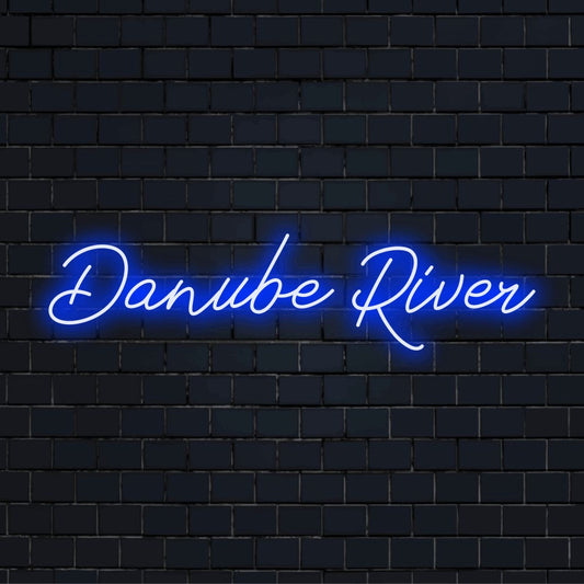 Danube River LED Neon Sign, glowing neon text on dark brick background