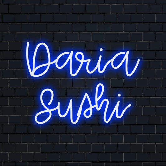 Daria Sushi Custom Name Neon Sign, bright neon lettering on black brick background