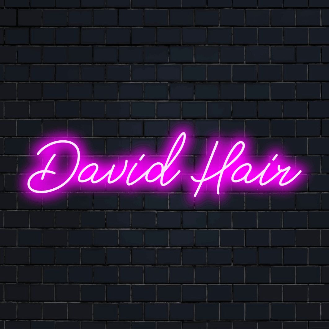David Hair Custom Name Neon Sign, soft neon glow against brick backdrop