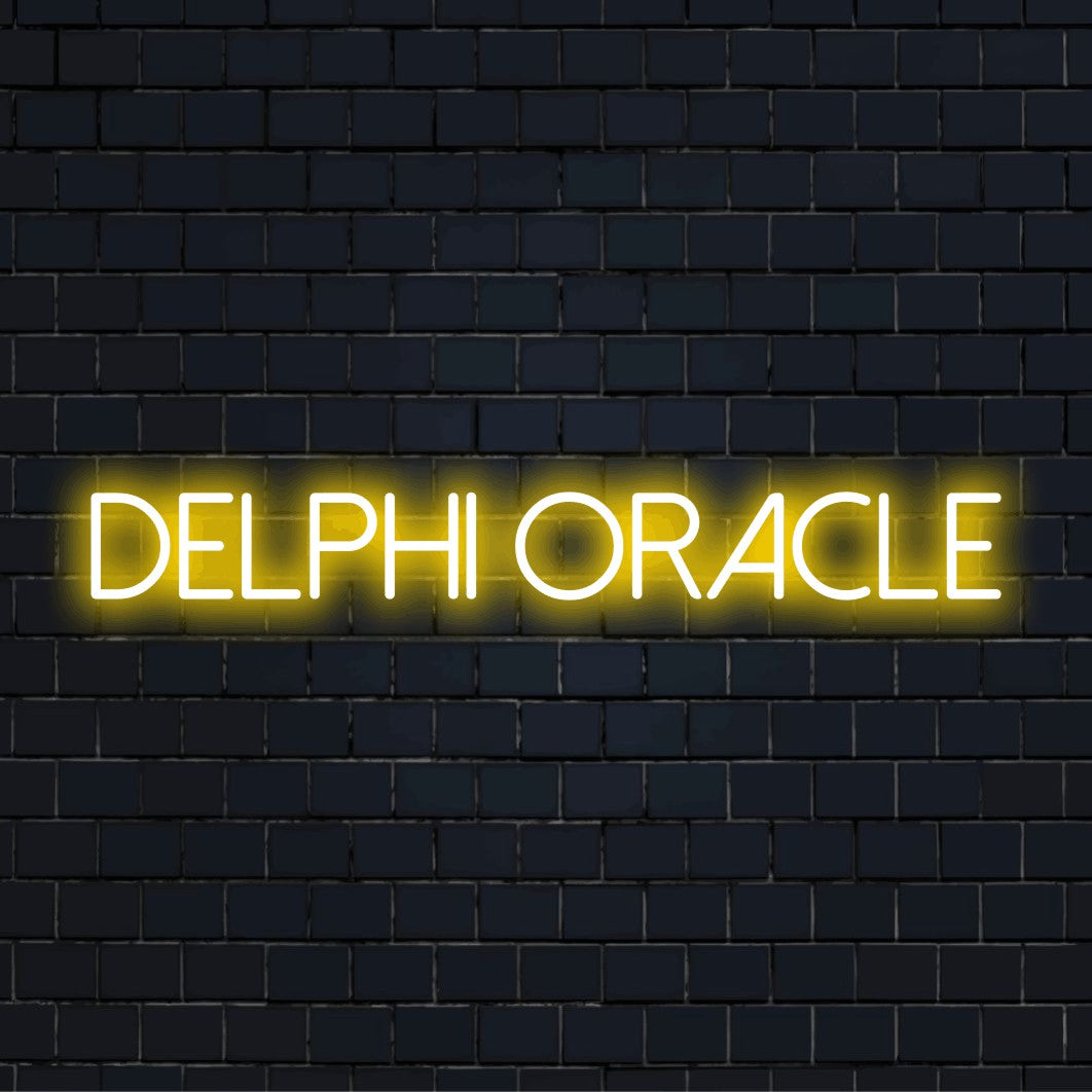 Delphi Oracle Neon Sign, bright neon glow on black brick background