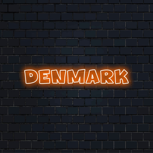 Denmark Neon Sign, bright neon lettering against brick backdrop