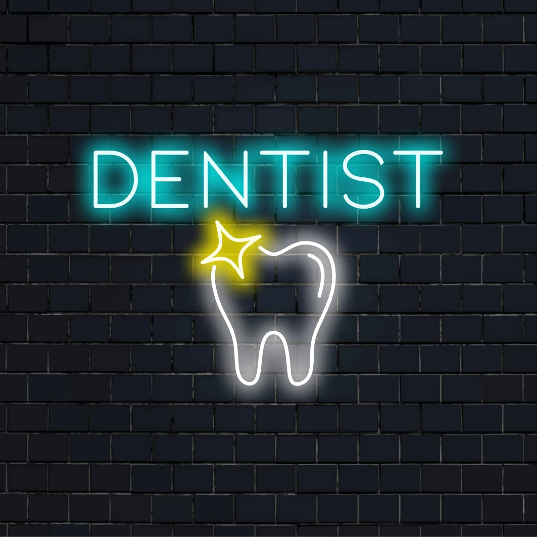 Dentist LED Neon Sign, neon text light against brick backdrop