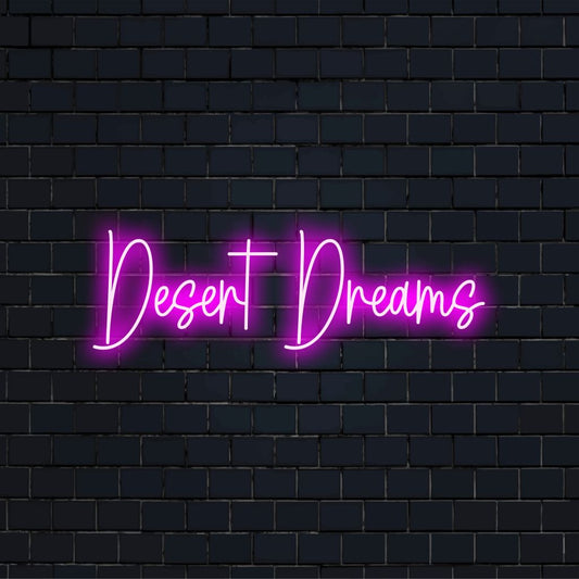 Desert Dreams LED Neon Sign, bright LED glow on black brick background