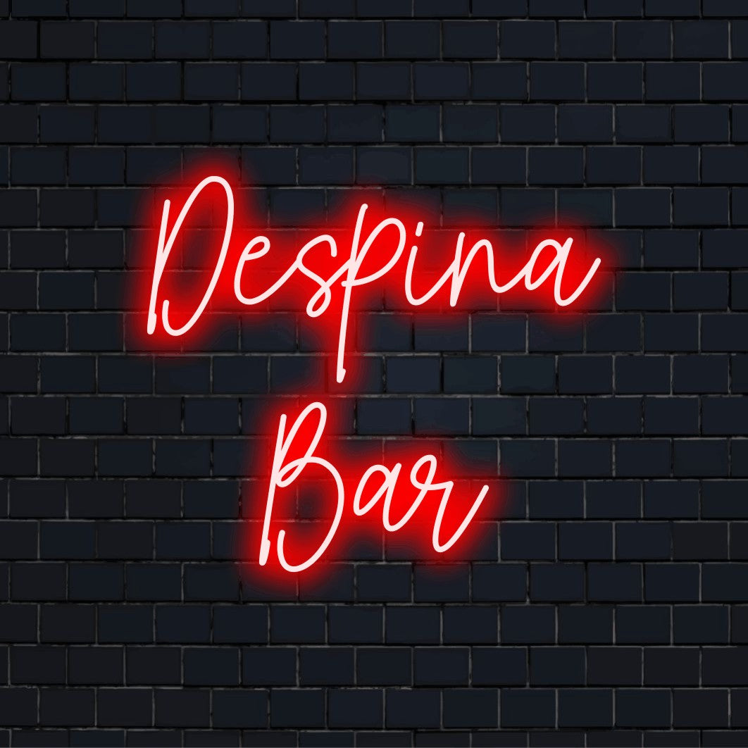 Despina Bar Personalized LED Neon Sign, glowing neon text on dark brick background