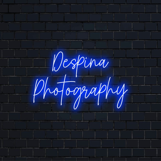 Despina Photography Personalized LED Neon Sign, neon text light on black brick background
