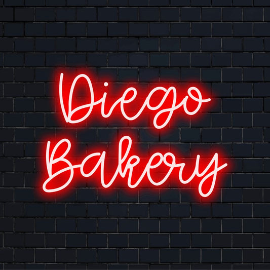 Diego Bakery Personalized LED Neon Sign, soft neon glow on dark brick background