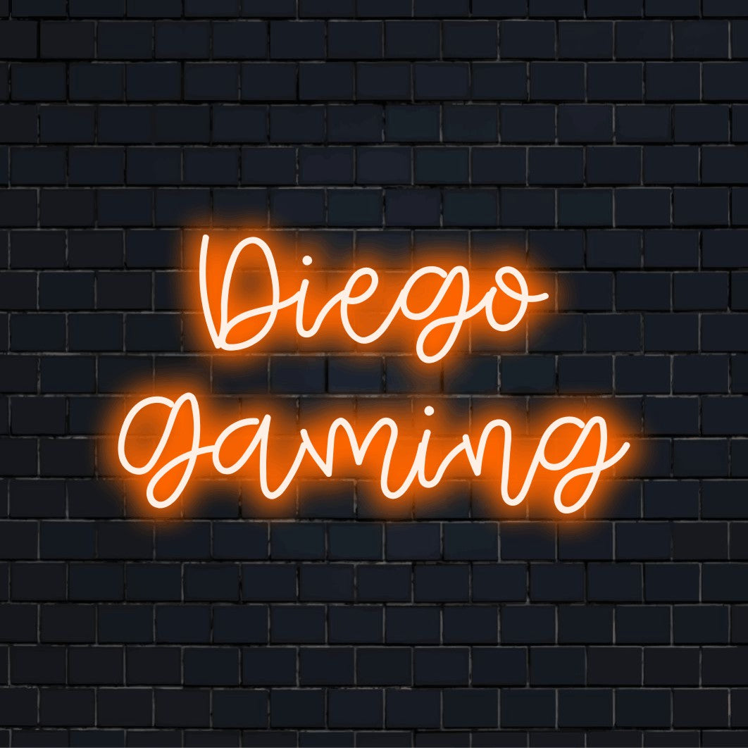 Diego Gaming Personalized LED Neon Sign, glowing wall decor on black brick background