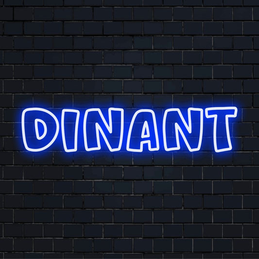 Dinant Neon Sign, glowing wall decor on black brick background