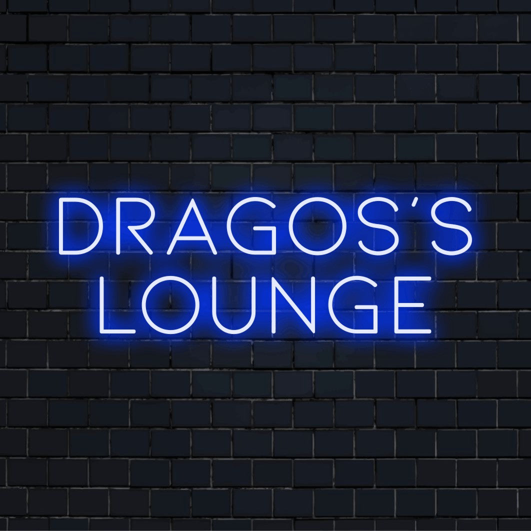 Dragos_s Lounge Personalized LED Neon Sign, soft neon glow on dark brick wall
