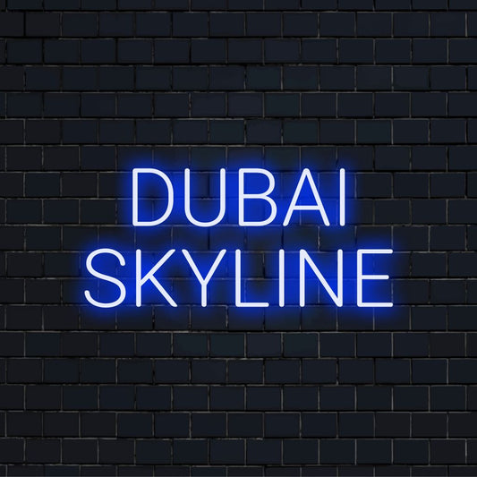 Dubai Skyline Neon Sign, bright neon glow against black brick wall