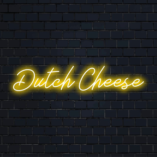 Dutch Cheese LED Neon Sign, glowing lettering against black brick wall