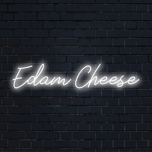 Edam Cheese Neon Sign, bright neon lettering on black brick background