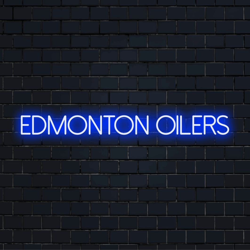 Edmonton Oilers Neon Light with bright LED glow against brick backdrop