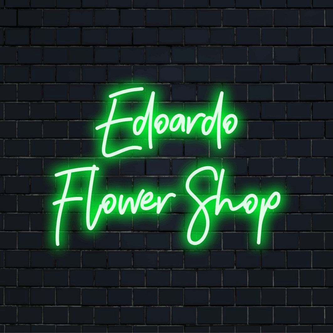 Edoardo Flower Shop Personalized LED Neon Sign, bright LED glow against brick backdrop