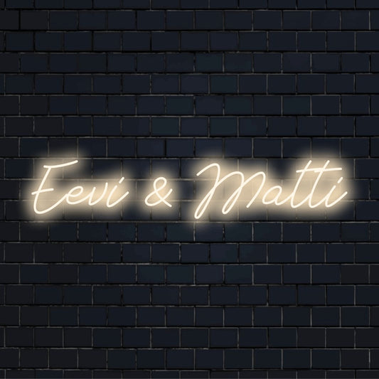 Eevi _ Matti Personalized LED Neon Sign, glowing lettering on black brick background
