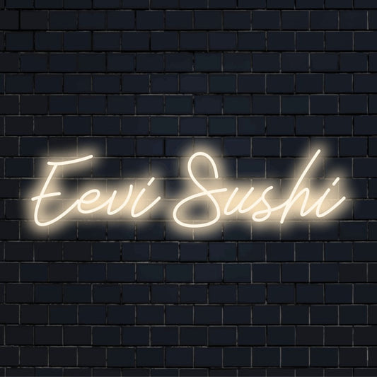 Eevi Sushi Custom Name Neon Sign, bright neon lettering on dark brick wall