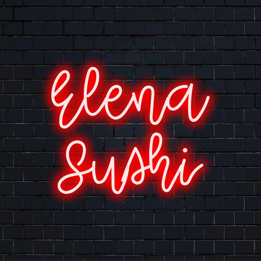 Elena Sushi Personalized LED Neon Sign, bright neon glow on dark brick background