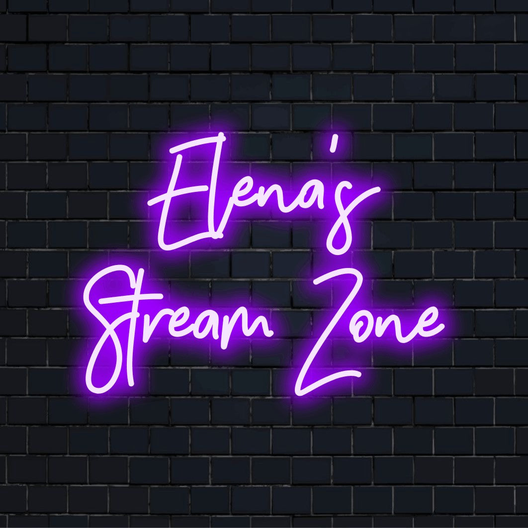 Elena_s Stream Zone Personalized LED Neon Sign, glowing wall decor on black brick background