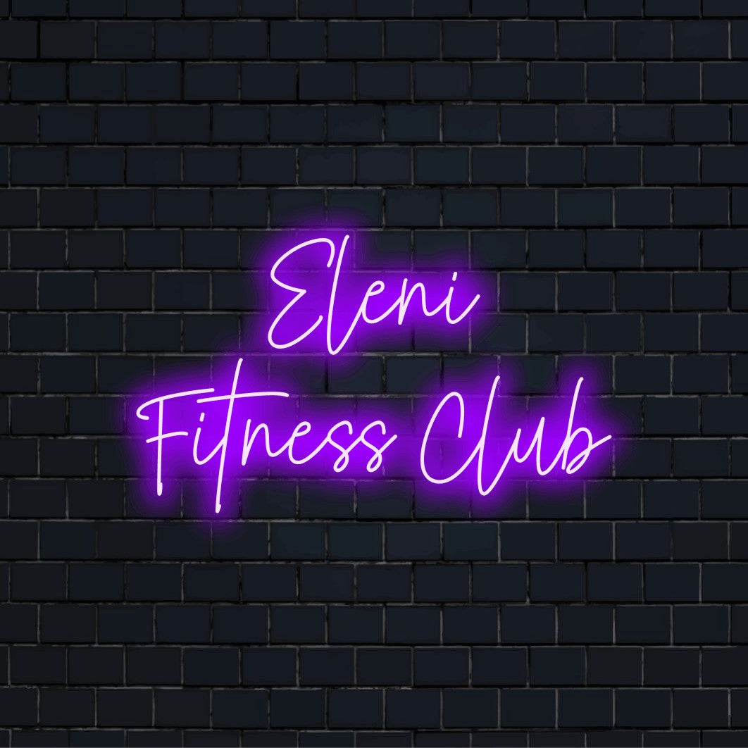 Eleni Fitness Club Custom Name Neon Sign, bright neon lettering against black brick wall